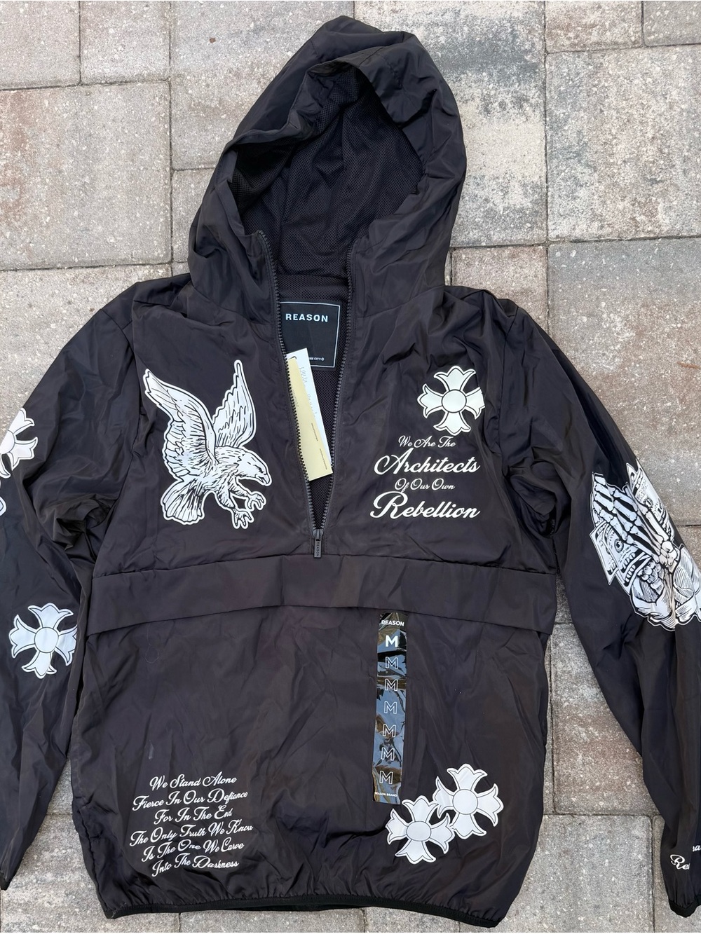 Reason Men’s Black Graphic Print Hooded Half-Zip Anorak Jacket Size M